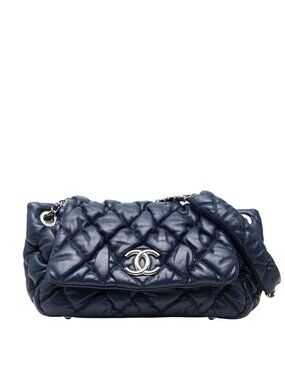 Chanel Quilted Bubble Quilt CC Logo Chain Shoulder Bag Navy Lambskin